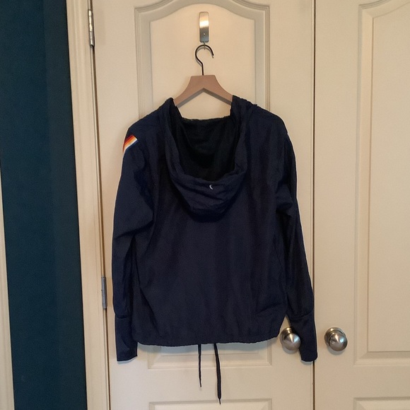Zyia Active Rainbow Sleeve Hooded Bomber Jacket Navy Medium - Picture 2 of 6
